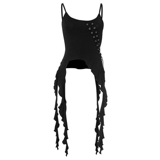 U neck ruffle lace up cami top