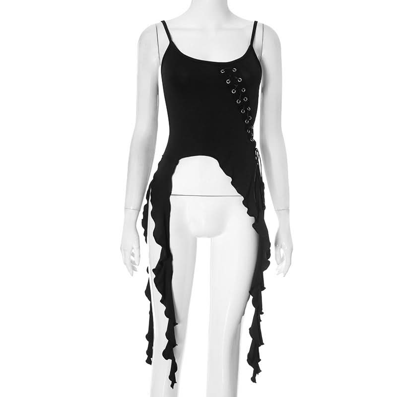 U neck ruffle lace up cami top