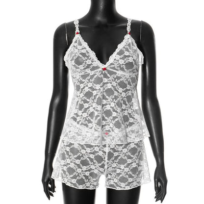 V neck lace see through cami short pant set