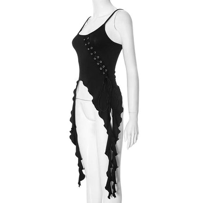 U neck ruffle lace up cami top