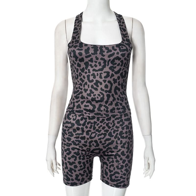Square neck leopard print tank short pant set