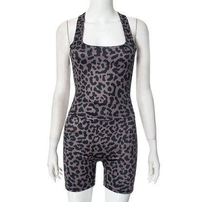 Square neck leopard print tank short pant set