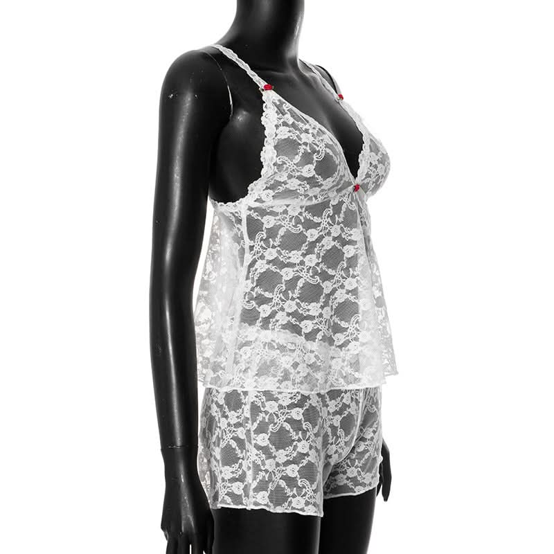 V neck lace see through cami short pant set