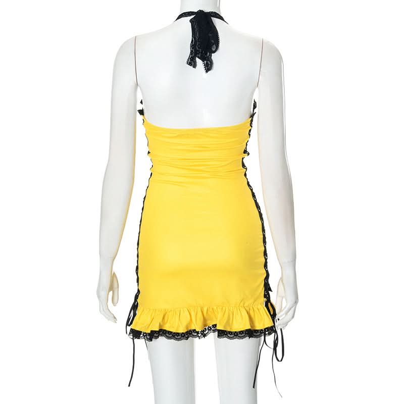 Halter lace hem abstract print lace up mini dress