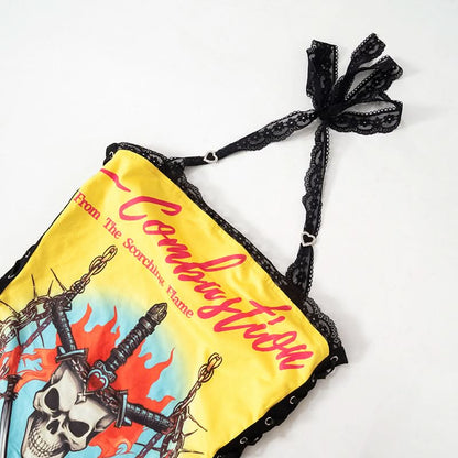 Halter lace hem abstract print lace up mini dress