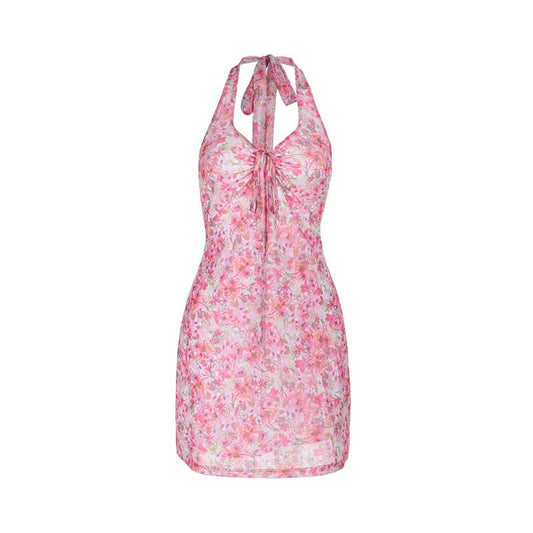 Halter flower print hollow out cut out mini dress