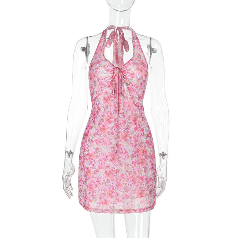 Halter flower print hollow out cut out mini dress