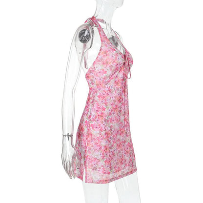 Halter flower print hollow out cut out mini dress