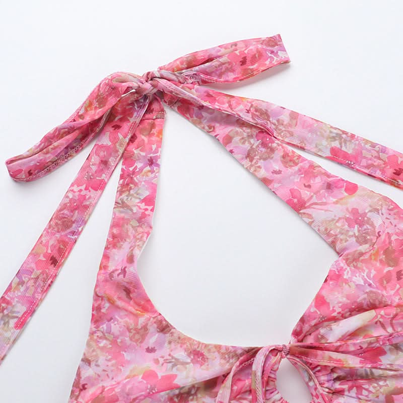 Halter flower print hollow out cut out mini dress