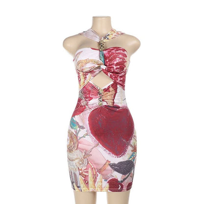 Hollow out o ring contrast cut out mini dress