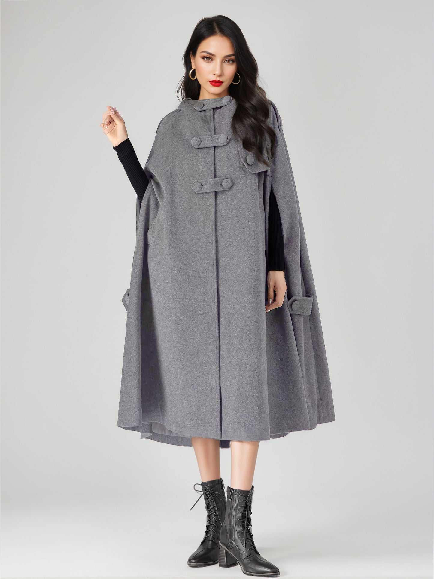 Wool Blend Cape Coat For Women Hooded Gray Oversized Long Poncho Outerwear 2026