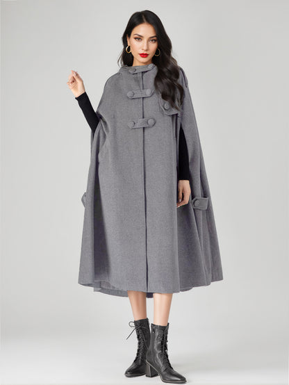 Wool Blend Cape Coat For Women Hooded Gray Oversized Long Poncho Outerwear 2026