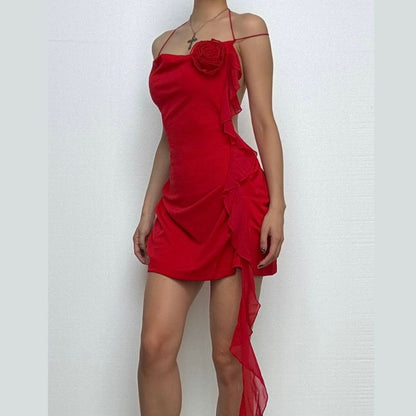 Solid cowl neck halter flower applique backless ruffle mini dress