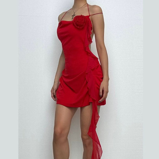 Solid cowl neck halter flower applique backless ruffle mini dress