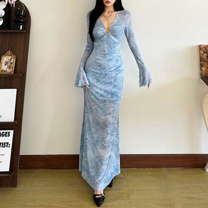 Long flared sleeve mesh maxi dress