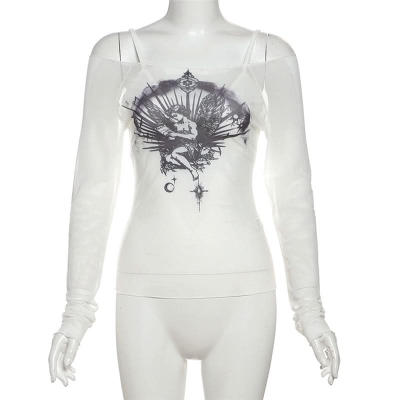 Off shoulder long sleeve mesh abstract top