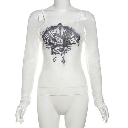 Off shoulder long sleeve mesh abstract top