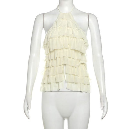Halter ruffle self tie backless top