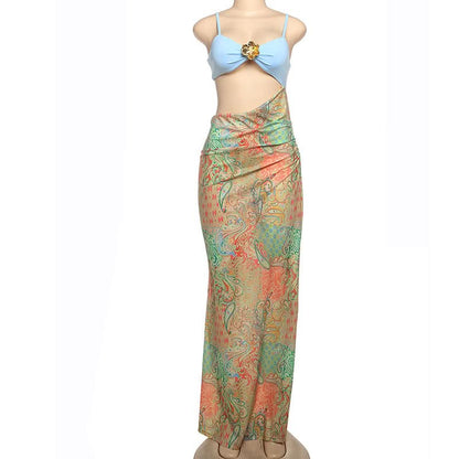 Flower applique hollow out cami cut out maxi dress