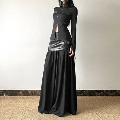 Long sleeve high neck zip-up PU leather mesh maxi skirt set