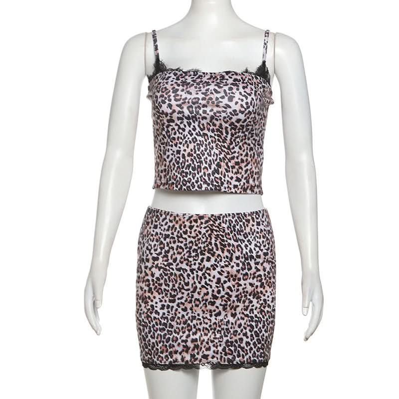 Leopard print lace hem cami mini skirt set