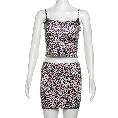 Leopard print lace hem cami mini skirt set
