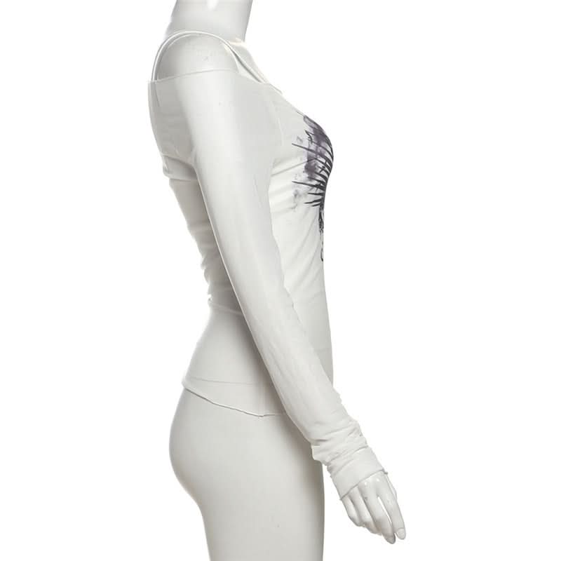 Off shoulder long sleeve mesh abstract top