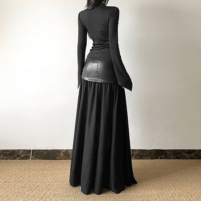 Long sleeve high neck zip-up PU leather mesh maxi skirt set