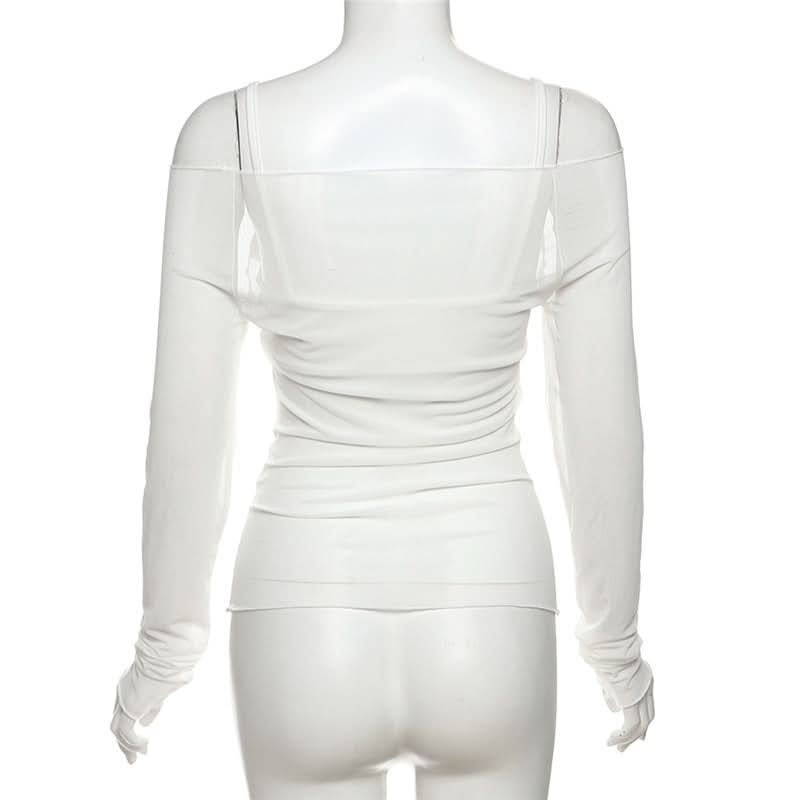 Off shoulder long sleeve mesh abstract top