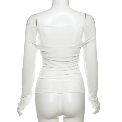 Off shoulder long sleeve mesh abstract top