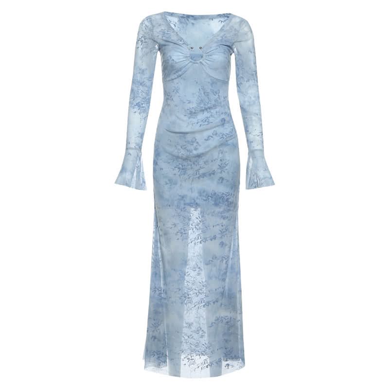 Long flared sleeve mesh maxi dress