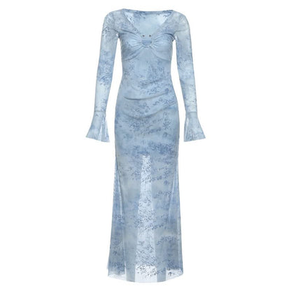 Long flared sleeve mesh maxi dress