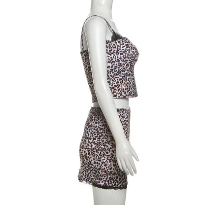 Leopard print lace hem cami mini skirt set