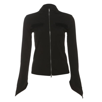 Long sleeve high neck zip-up PU leather mesh maxi skirt set