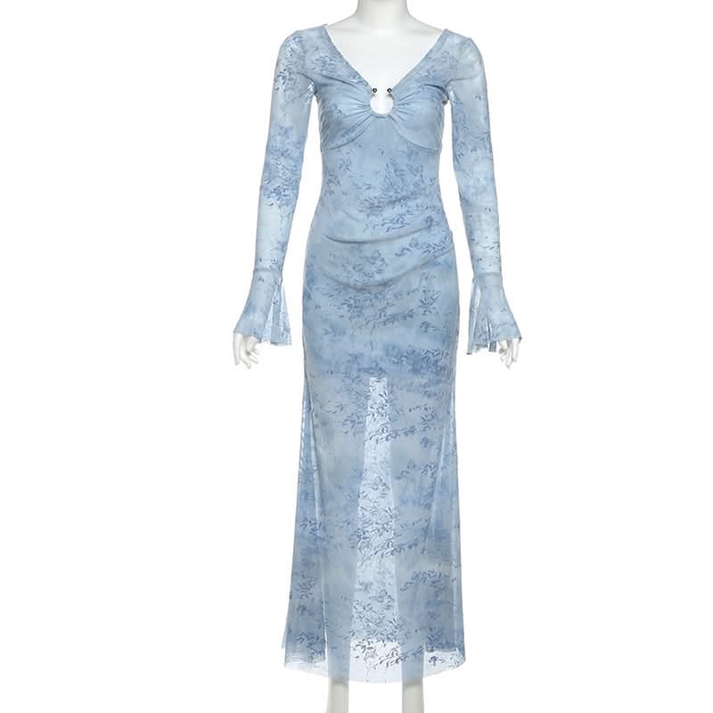 Long flared sleeve mesh maxi dress