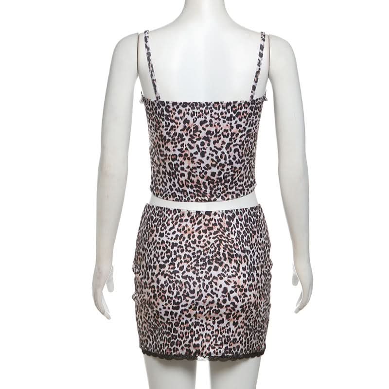 Leopard print lace hem cami mini skirt set