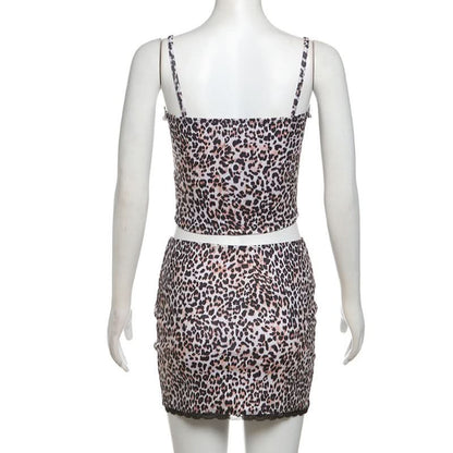 Leopard print lace hem cami mini skirt set