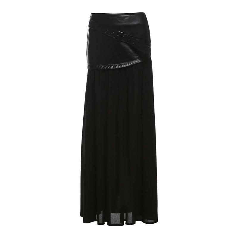 Long sleeve high neck zip-up PU leather mesh maxi skirt set