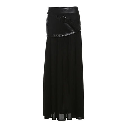 Long sleeve high neck zip-up PU leather mesh maxi skirt set