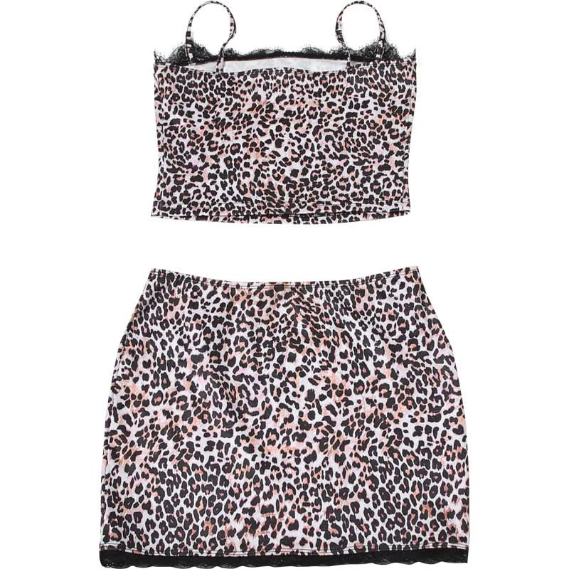 Leopard print lace hem cami mini skirt set