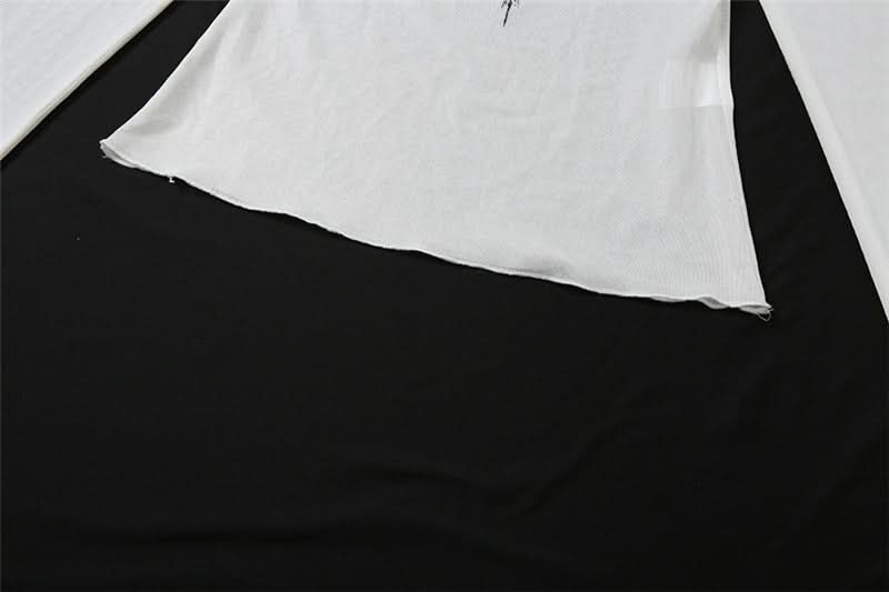 Off shoulder long sleeve mesh abstract top