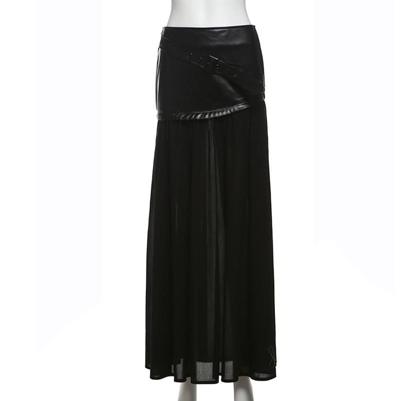 Long sleeve high neck zip-up PU leather mesh maxi skirt set