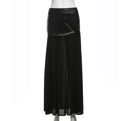 Long sleeve high neck zip-up PU leather mesh maxi skirt set