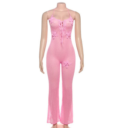 Halter knitted flower applique jumpsuit