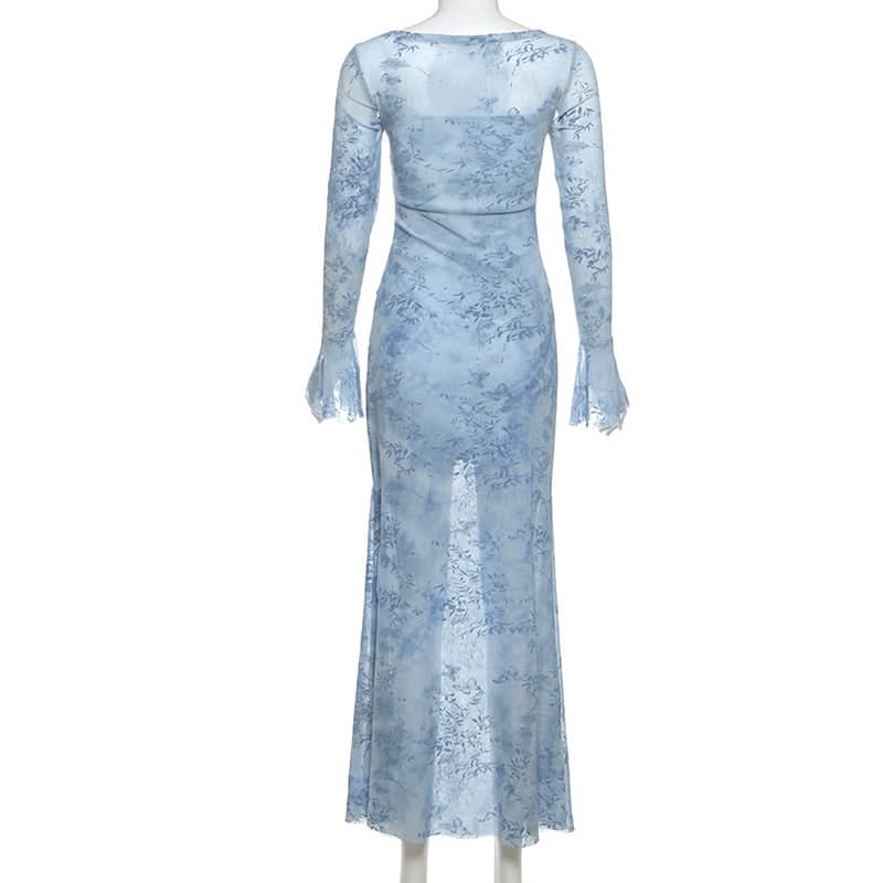 Long flared sleeve mesh maxi dress