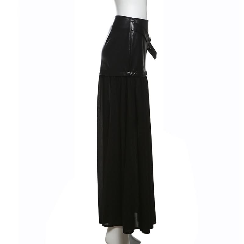 Long sleeve high neck zip-up PU leather mesh maxi skirt set