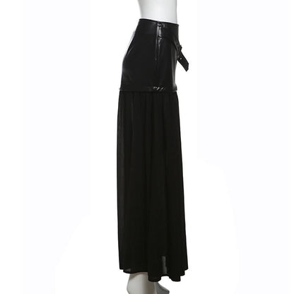 Long sleeve high neck zip-up PU leather mesh maxi skirt set