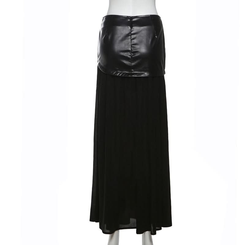 Long sleeve high neck zip-up PU leather mesh maxi skirt set