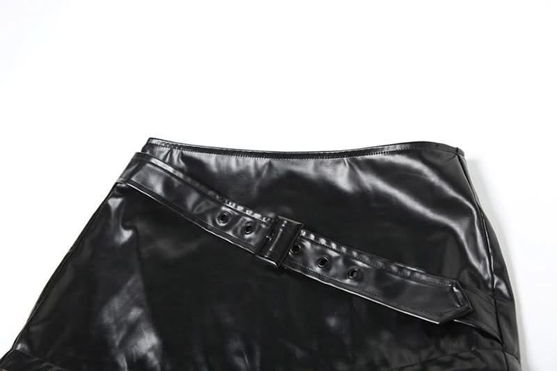 Long sleeve high neck zip-up PU leather mesh maxi skirt set