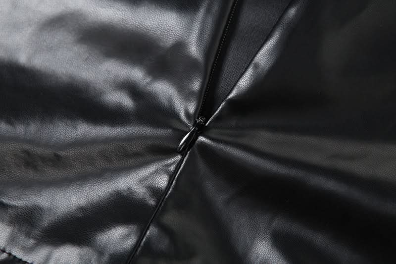 Long sleeve high neck zip-up PU leather mesh maxi skirt set